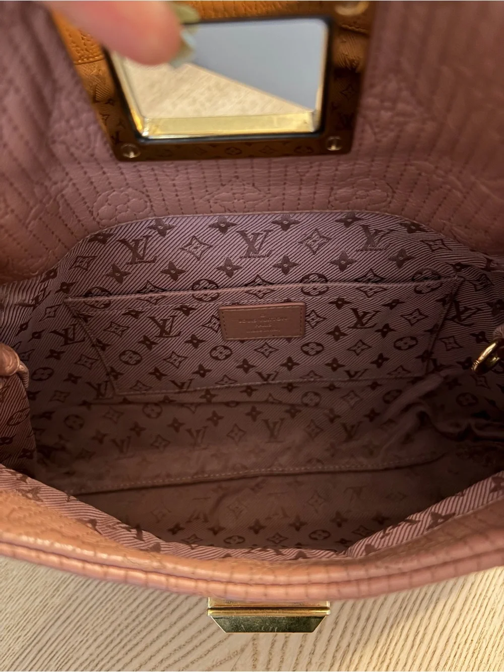 Louis Vuitton Mauve Taupe Leather Monogram Clutch with Gold Mirror